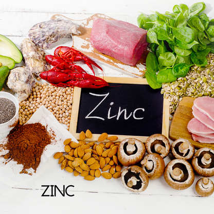 Zinc ingredient flat lay with scattered grains, mushrooms, and “ZINC” text