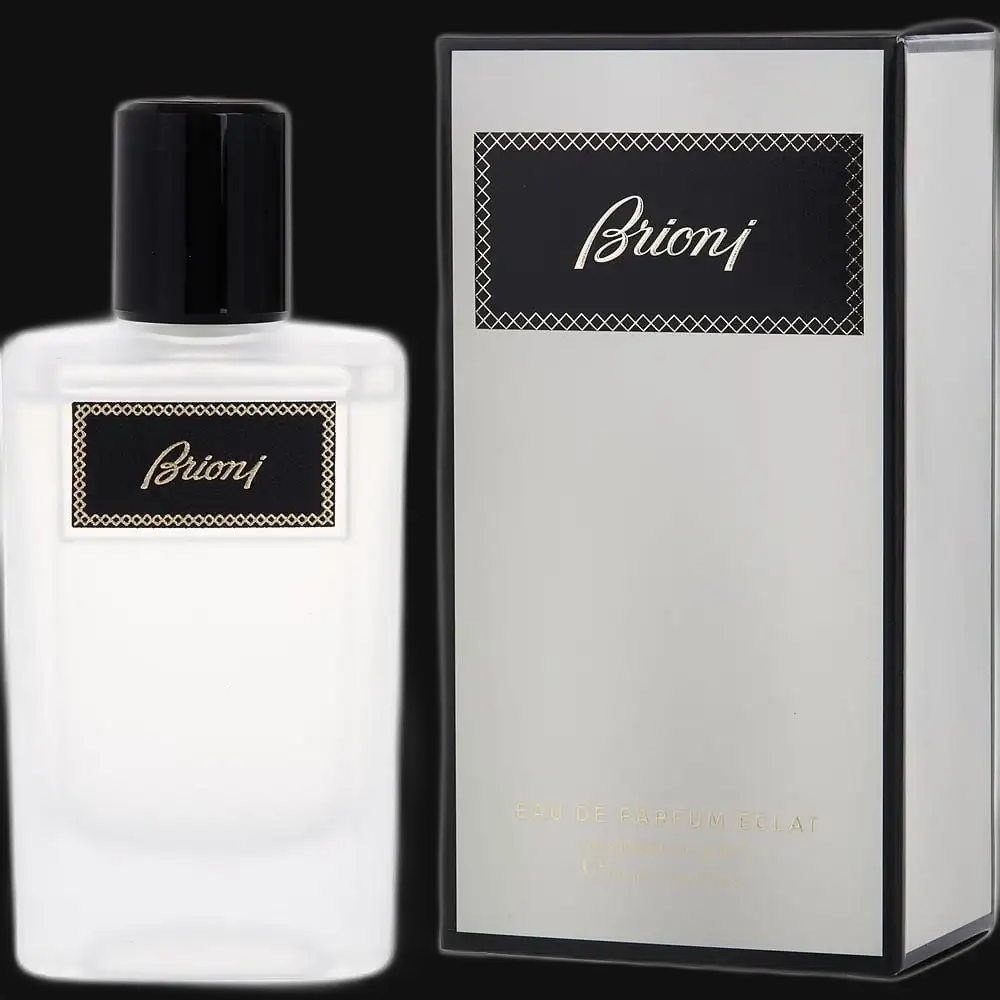 Men's cologne bottle with black cap and Brioni label, shown with its box.