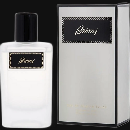 Men's cologne bottle with black cap and Brioni label, shown with its box.
