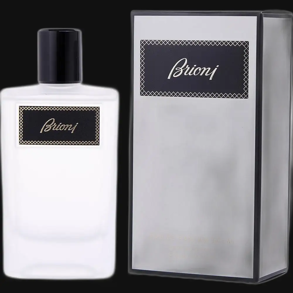 Men's cologne bottle with black cap and Brioni label, paired with product box.