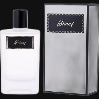 Men's cologne bottle with black cap and Brioni label, paired with product box.
