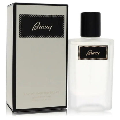 Men's Brioni Eclat cologne bottle with black cap and Brioni label, beside box.