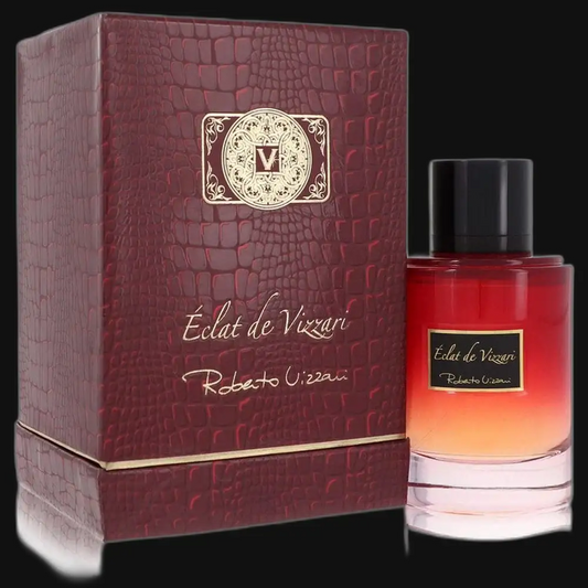 Women's perfume in burgundy textured box with red glass bottle and black cap