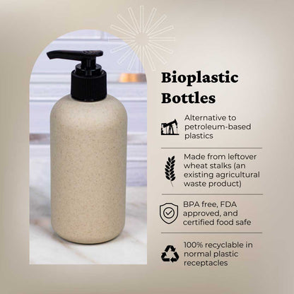 Bioplastic body lotion pump bottle with eco label and certification icons