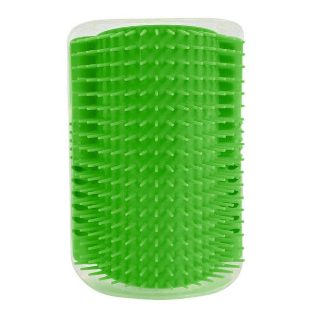 Cat self-groomer corner brush with bright green bristles and white base