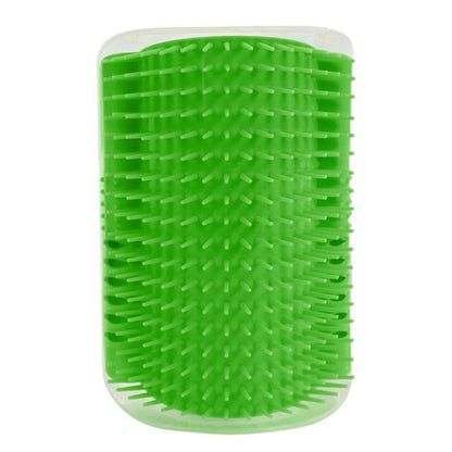 Cat self-groomer corner brush with bright green bristles and white base