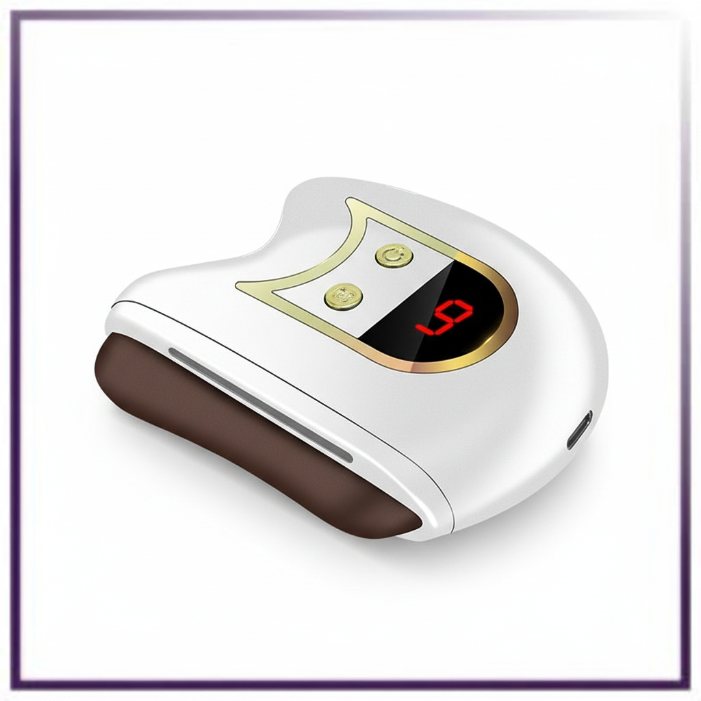 Electric gua sha facial sculpting device, white body with gold display panel