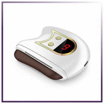 Electric gua sha facial sculpting device, white body with gold display panel