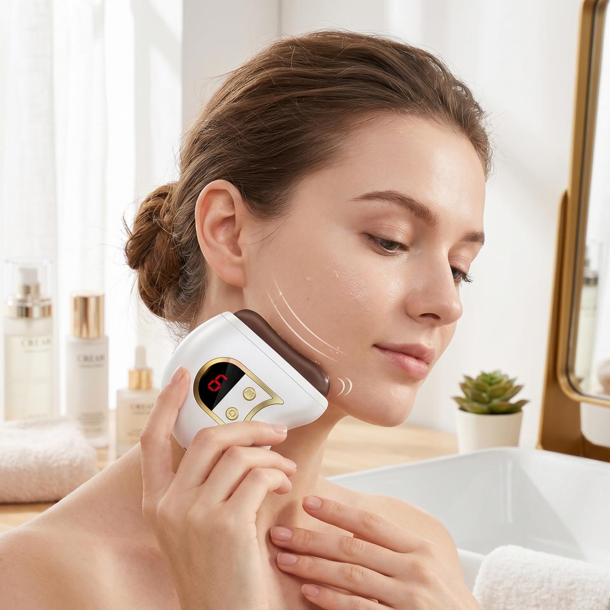 Electric gua sha facial sculpting device held to face, white body and red display