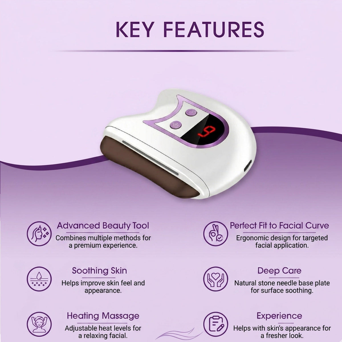 Electric gua sha facial sculpting device with gold panel and red 5 display