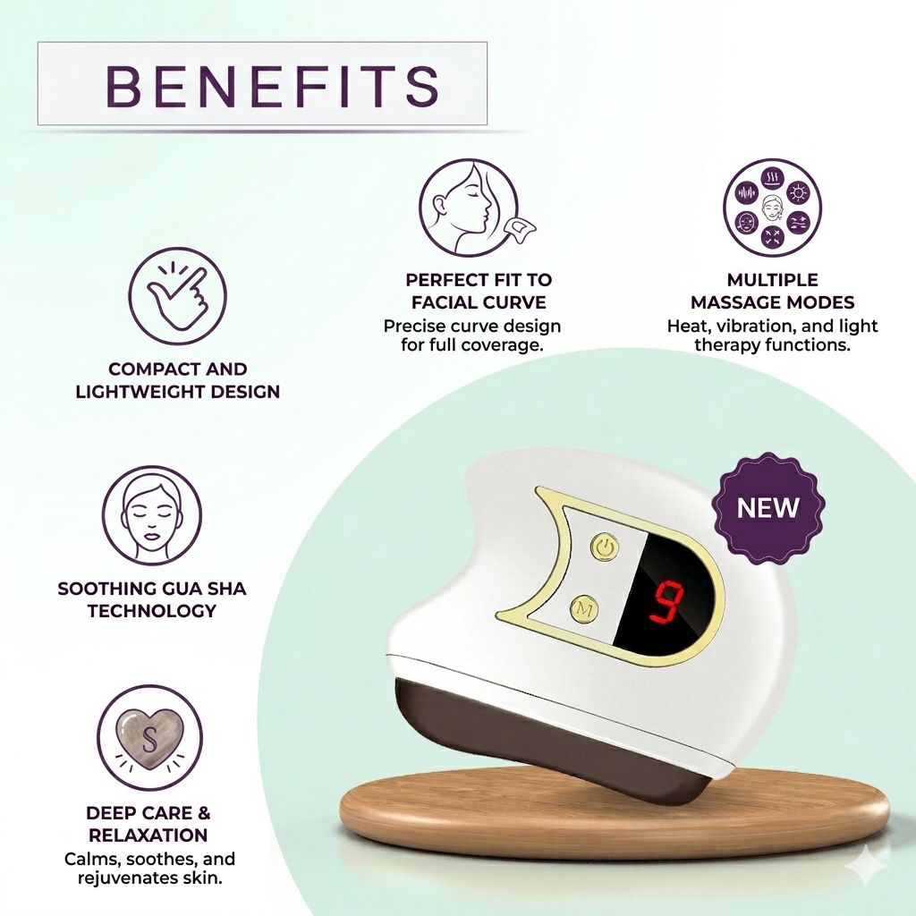 Electric gua sha facial sculpting device on round wooden stand, white with red 9