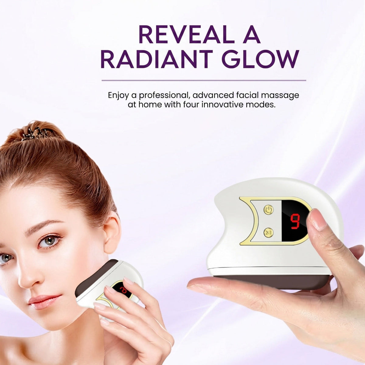Electric gua sha facial sculpting device in hand, white body with red 9 display