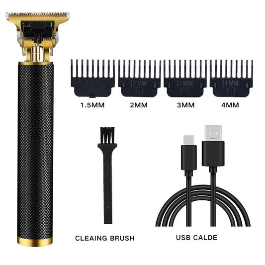 Cordless hair trimmer in black with gold blade head, guard combs and USB charging cable