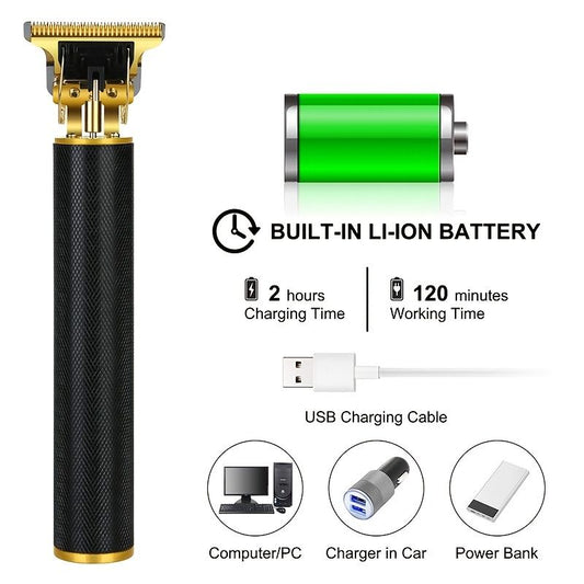 Cordless hair trimmer in black and gold with USB charging cable and built-in battery
