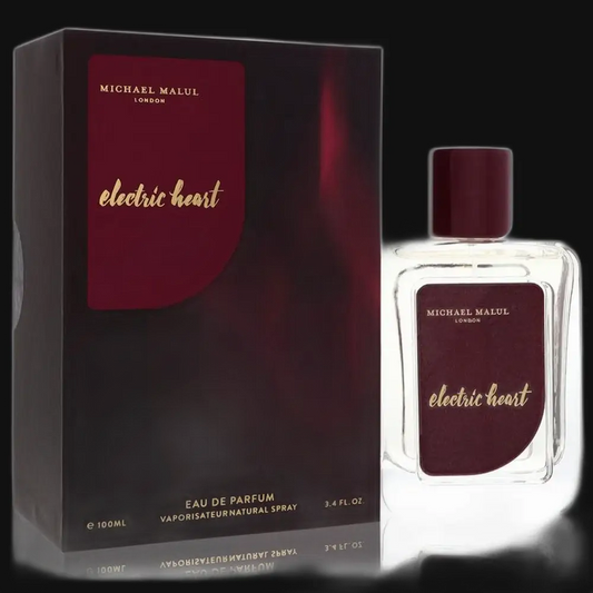 Women’s eau de parfum spray bottle with dark red cap and matching box, glass with label