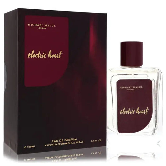 Women’s eau de parfum spray bottle beside matching dark red labeled box, glass container
