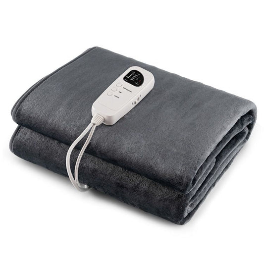 Gray electric heated mattress pad with remote controller and power cord, folded.