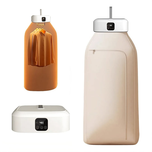 Portable travel clothes dryer in orange with white top and digital control panel
