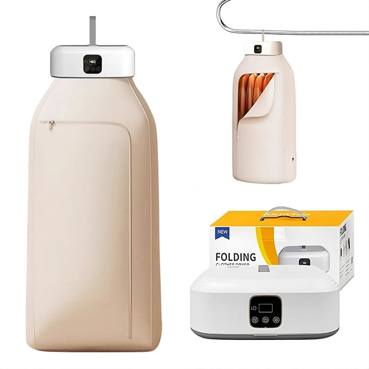Portable travel clothes dryer, cream body with white base and side hanging handle