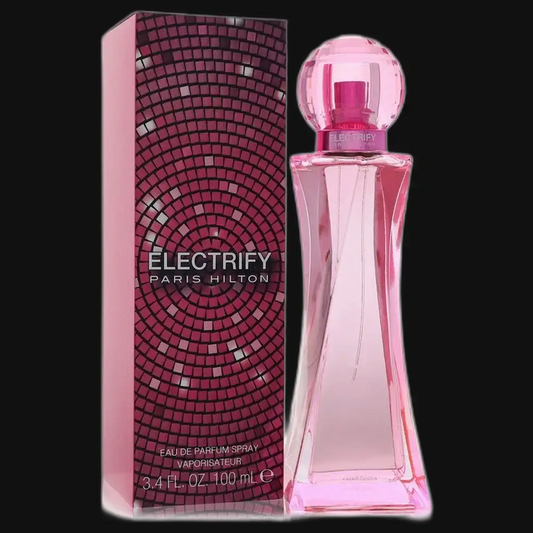 Women’s eau de parfum spray: pink glass bottle with rounded cap, plus matching box
