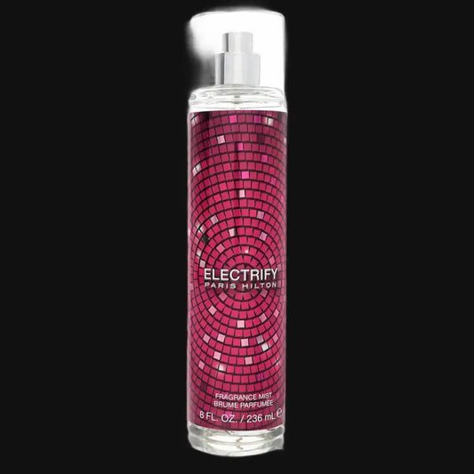 Paris Hilton Electrify fragrance mist, pink mosaic bottle with silver spray cap