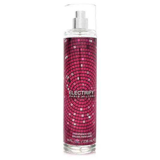Paris Hilton Electrify fragrance mist bottle, pink patterned label and silver pump spray