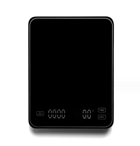 Black electronic kitchen scale with digital display and time/unit buttons