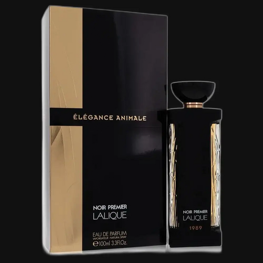 Lalique Elegance Animale Noir Premier perfume bottle with box, black and gold accents