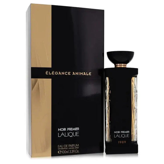 Lalique Elegance Animale Noir Premier perfume bottle with packaging box, gold trim