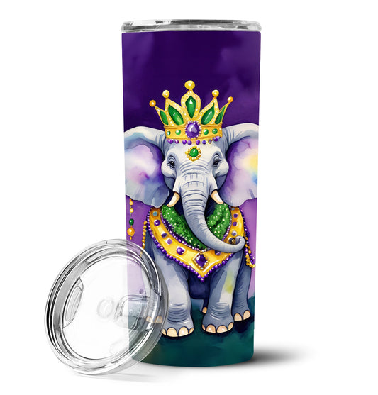 20 oz stainless steel skinny tumbler with elephant Mardi Gras graphic and open lid