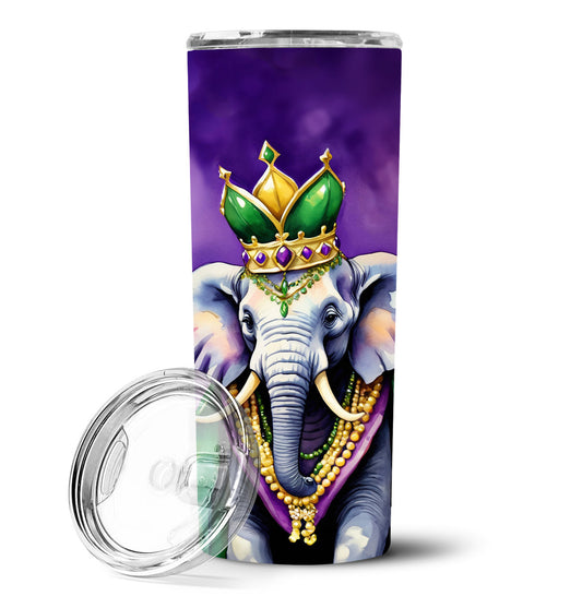 Stainless steel skinny tumbler with elephant Mardi Gras crown graphic and clear lid
