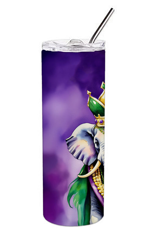 Stainless steel skinny tumbler with elephant Mardi Gras crown graphic, straw and clear lid