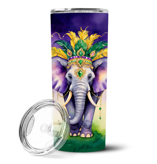 20 oz stainless steel skinny tumbler with lid, Mardi Gras elephant graphic, purple/green
