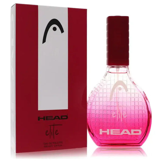 Women's perfume bottle with dark red cap and pink glass, shown with red-and-white box