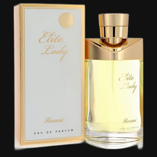 Women's eau de parfum with gold cap and clear bottle beside matching box