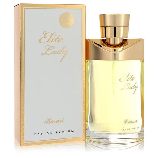 Women's eau de parfum with gold cap and clear bottle beside pale box