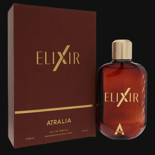 Elixir by Atralia eau de parfum bottle with matching box, amber glass and gold cap