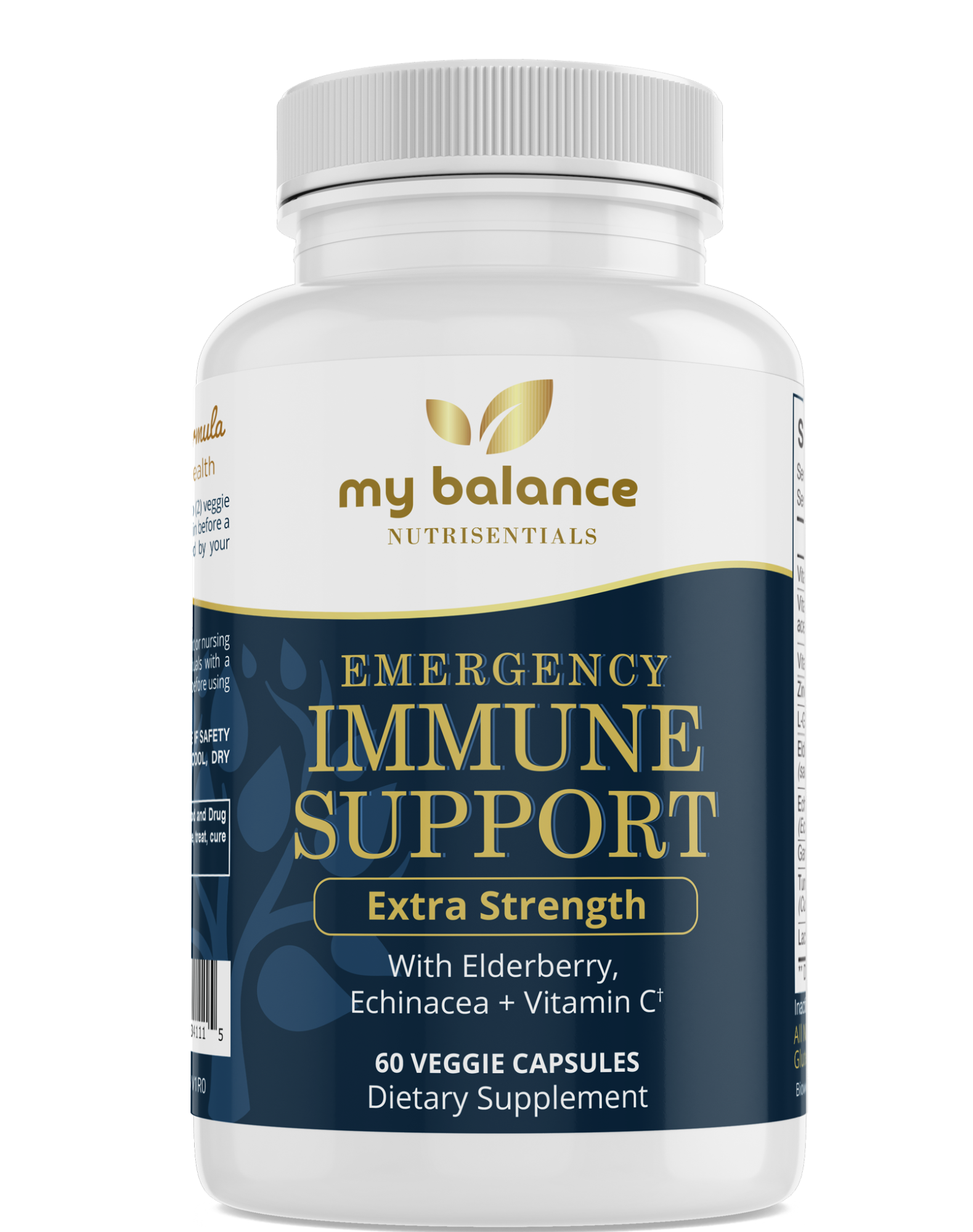 Emergency immune support supplement bottle, extra strength label in blue and gold