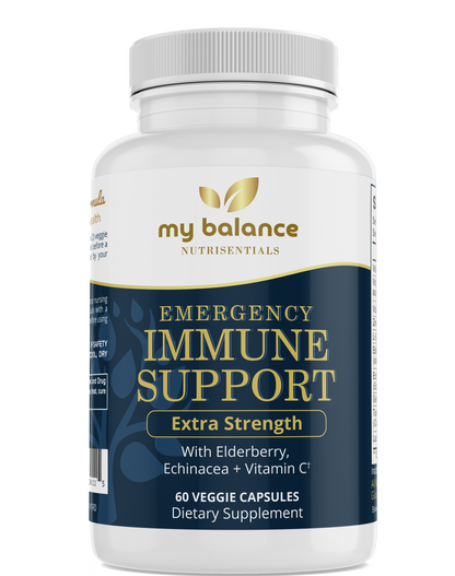 Emergency immune support supplement bottle, extra strength label in blue and gold