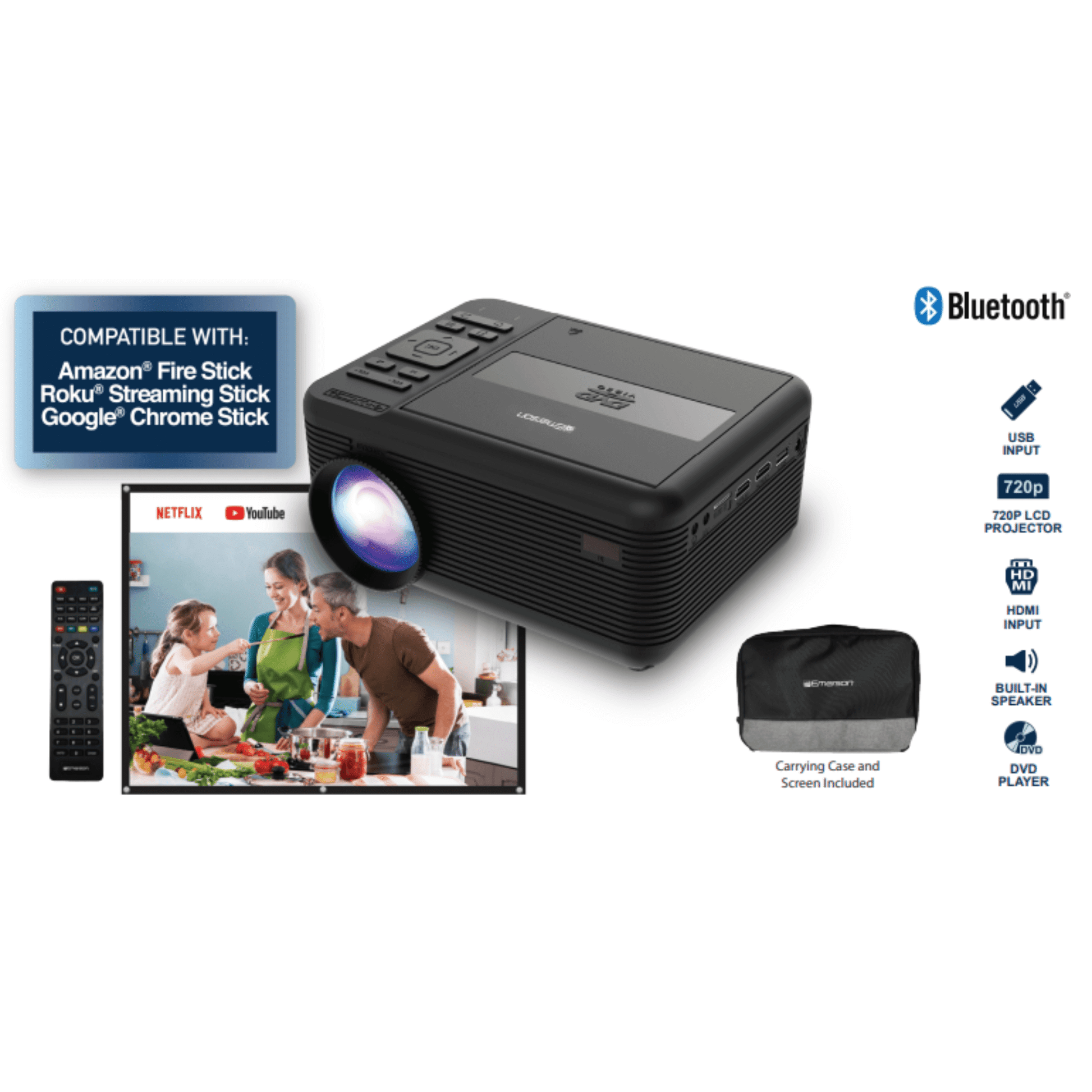 Emerson 150" Home Theater LCD Projector Combo with Built-In DVD Player - Renee Lane Company