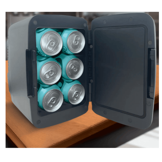 Turquoise mini fridge cooler with open door showing six beverage cans inside