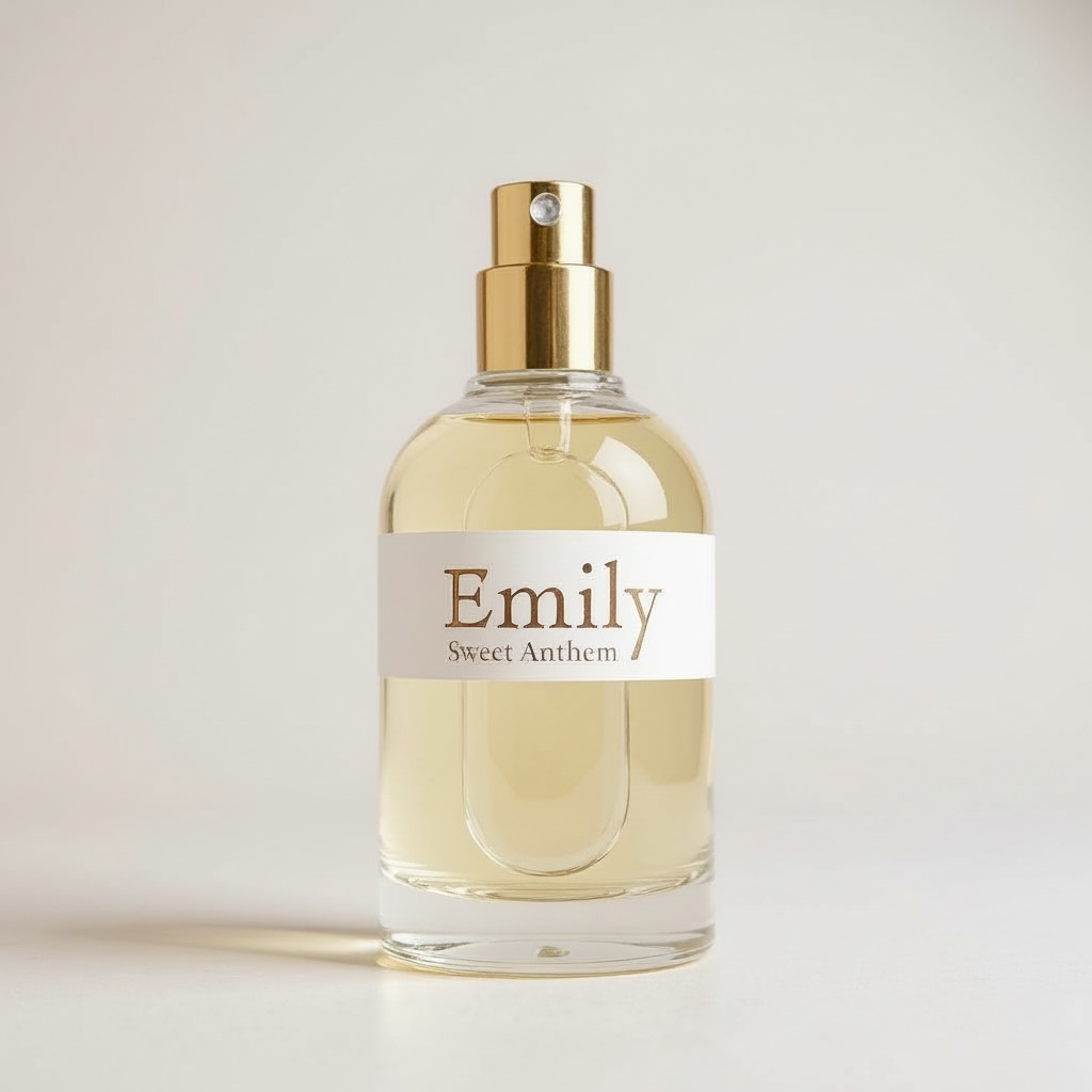 Emily perfume spray bottle, front label with gold cap and pale yellow liquid