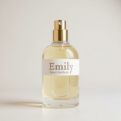 Emily perfume spray bottle, front label with gold cap and pale yellow liquid