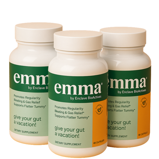 Three gut health supplement bottles with green-and-orange labels and white caps