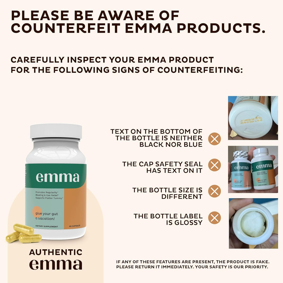 Counterfeit warning graphic with bottle illustration and authenticity details