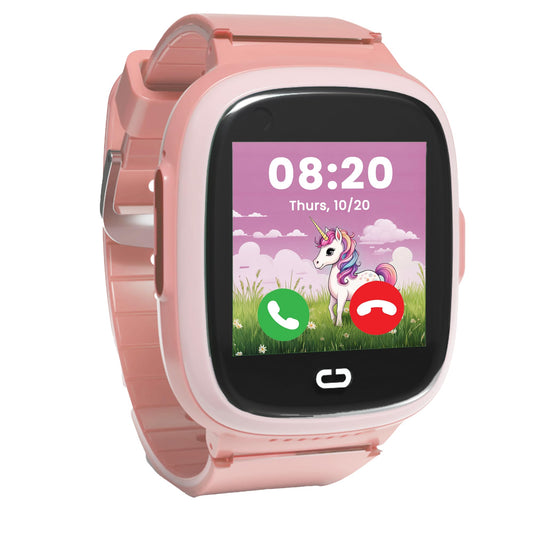 Kids smartwatch front view, pink strap and unicorn touchscreen showing 08:20