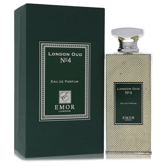 Eau de parfum spray bottle with dark green London Oud No. 4 box and gold patterned label