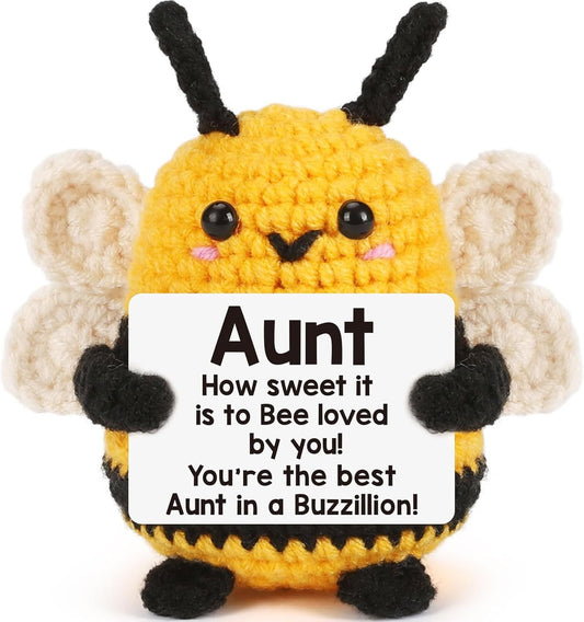 Handmade crochet bee plush, yellow with black stripes, white wings, Aunt message tag