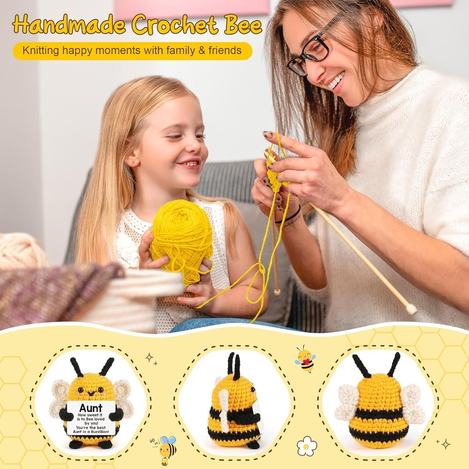 Emotional Valentines Bee Gifts for Aunt Auntie, from Niece Nephew, Aunt Gift for Christmas, Birthday, Auntie Mothers Day, Christmas - Handmade Crochet Bee for Easter Basket Essentials - Renee Lane Company