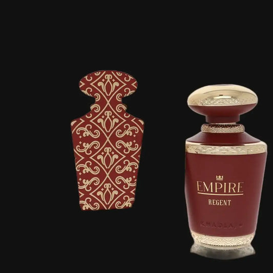 Burgundy perfume bottle with gold cap, embossed crown and Empire Regent label
